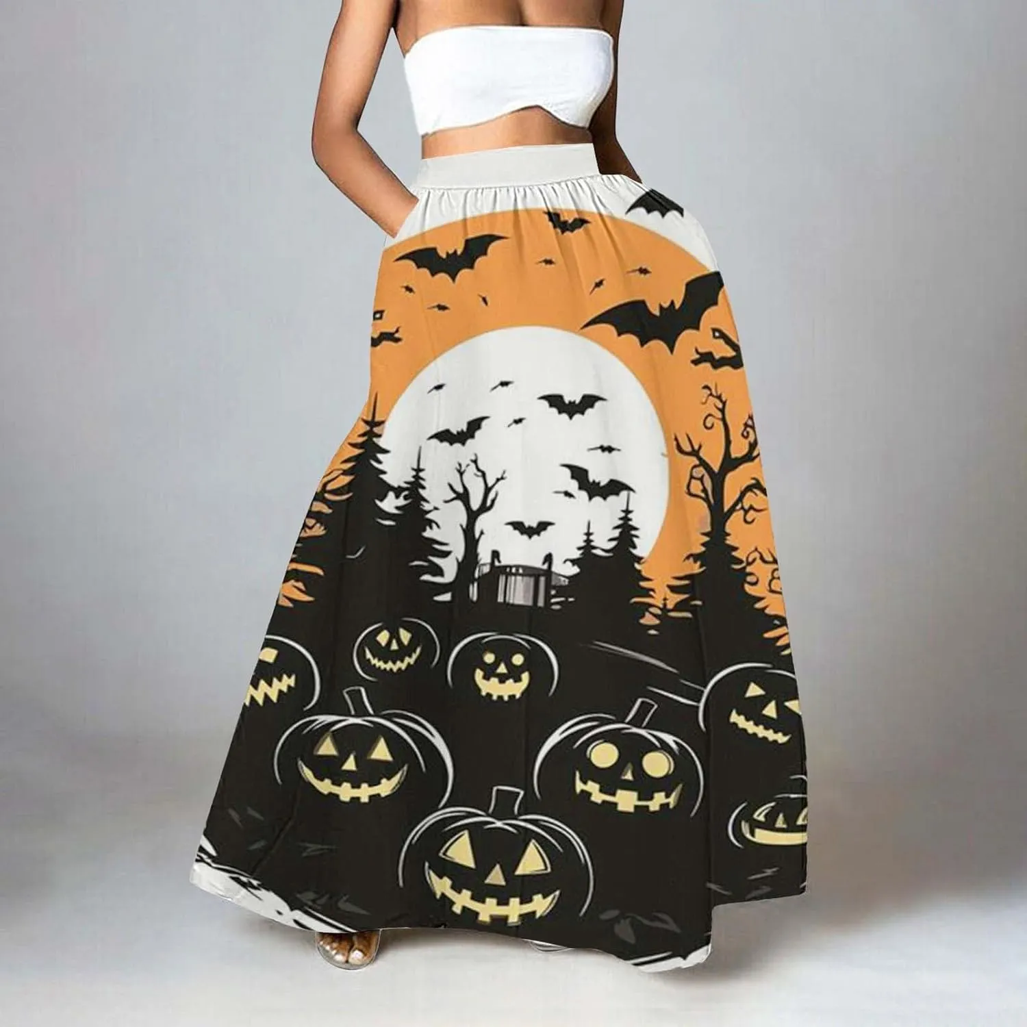 Halloween Tutu Skirt High Waist Party Beach Pocket Long Maxi Skirt Halloween bat Pattern Womens Summer Skirts Tulle