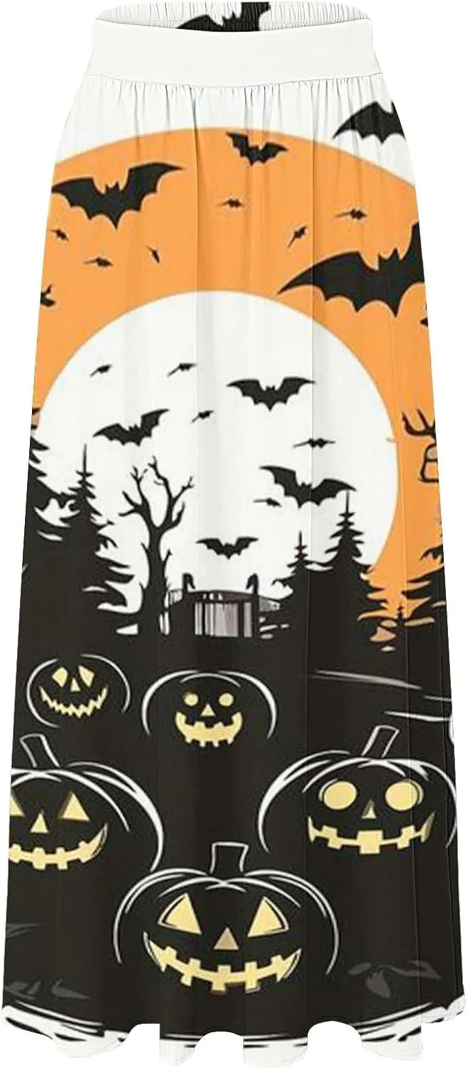 Halloween Tutu Skirt High Waist Party Beach Pocket Long Maxi Skirt Halloween bat Pattern Womens Summer Skirts Tulle