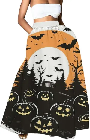 Halloween Tutu Skirt High Waist Party Beach Pocket Long Maxi Skirt Halloween bat Pattern Womens Summer Skirts Tulle