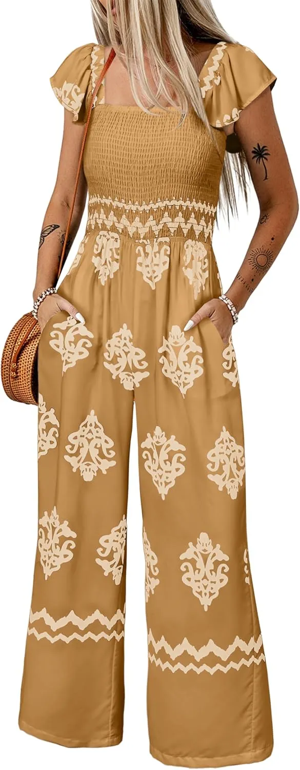Happy Sailed Womens Summer Jumpsuits Printed Square Neck High Waisted Pockets Wide Leg Rompers Beach Fashion Vacation Outfits
