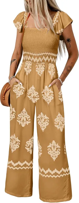 Happy Sailed Womens Summer Jumpsuits Printed Square Neck High Waisted Pockets Wide Leg Rompers Beach Fashion Vacation Outfits