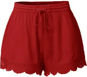 HAVUITYY Women Casual Shorts Summer Floral Lace Plus Size High Waist Drawstring Dressy Yoga Shorts Soft Trendy Beach Clothes