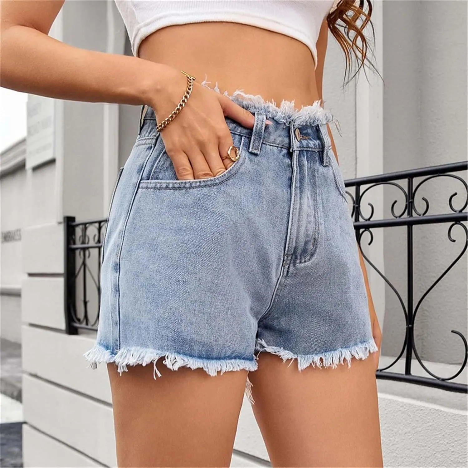 HGps8w Women's Raw Hem Rippe High Waisted Jean Shorts Trendy Casual 2025 Summer Stretchy Distressed Denim Shorts with Pockets