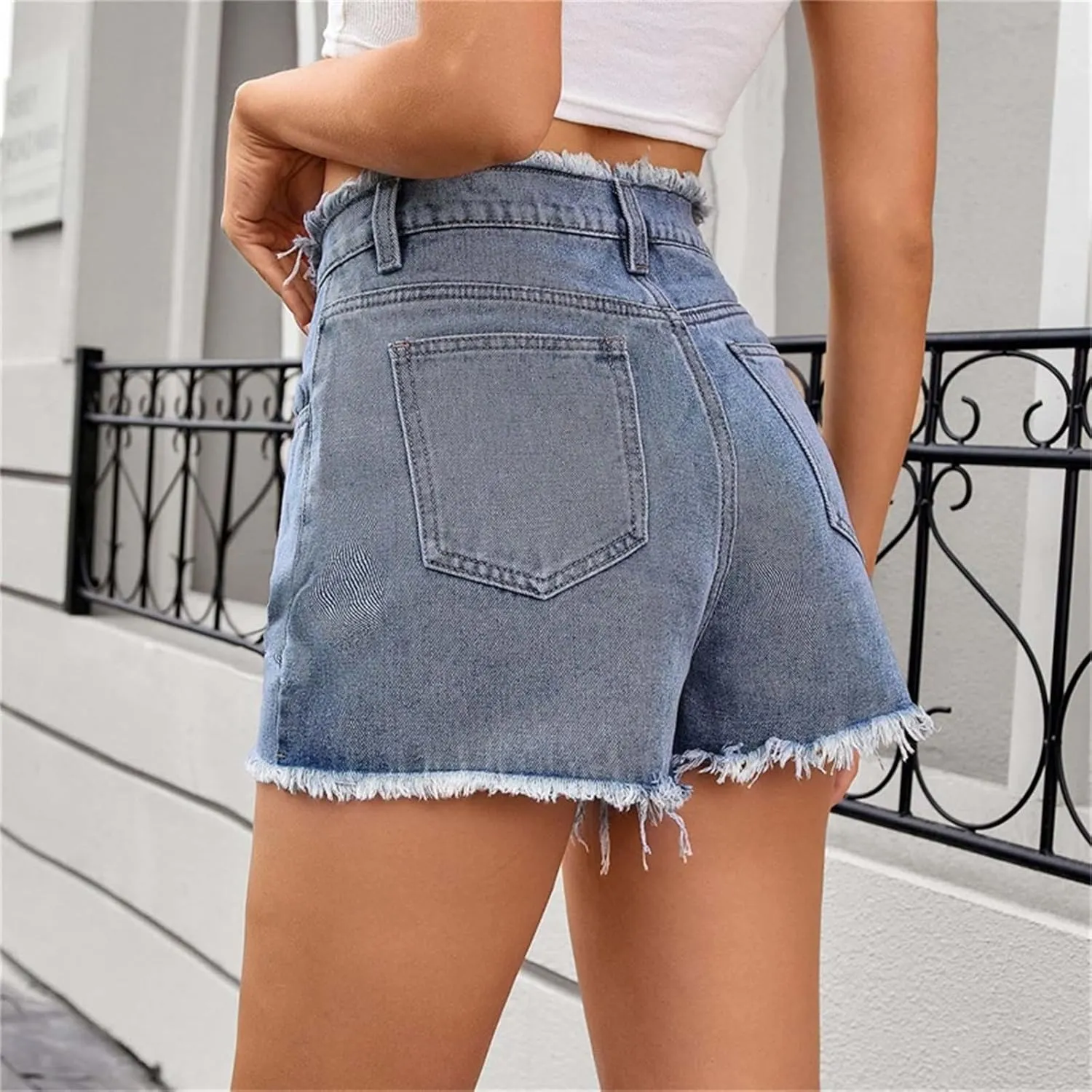 HGps8w Women's Raw Hem Rippe High Waisted Jean Shorts Trendy Casual 2025 Summer Stretchy Distressed Denim Shorts with Pockets