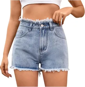 HGps8w Women's Raw Hem Rippe High Waisted Jean Shorts Trendy Casual 2025 Summer Stretchy Distressed Denim Shorts with Pockets