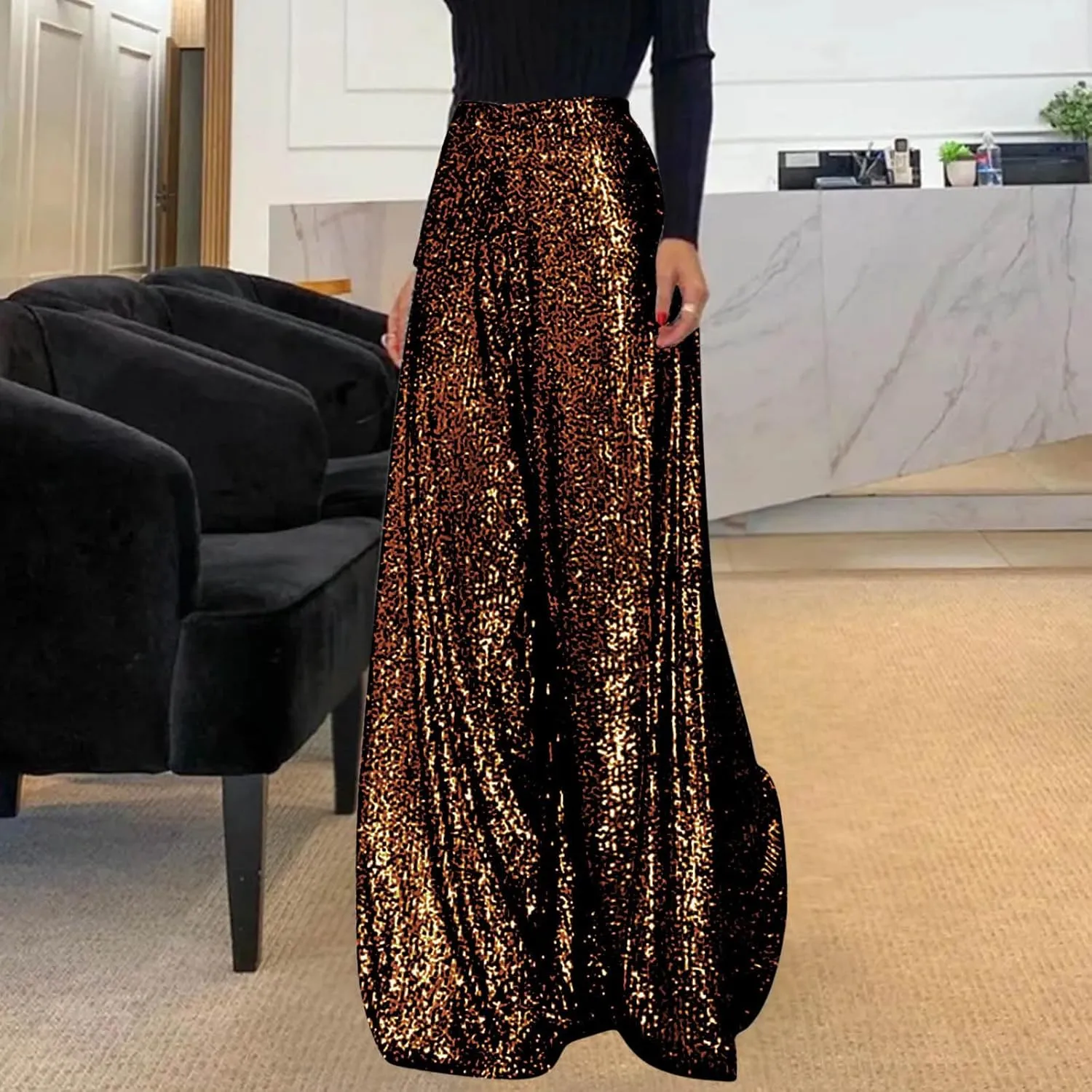 hlysgo Sequin Pants for Women Plus Size High Waist Palazzo Pants Sparkly Glitter Wide Leg Pants Bling Party Clubwear Trouser