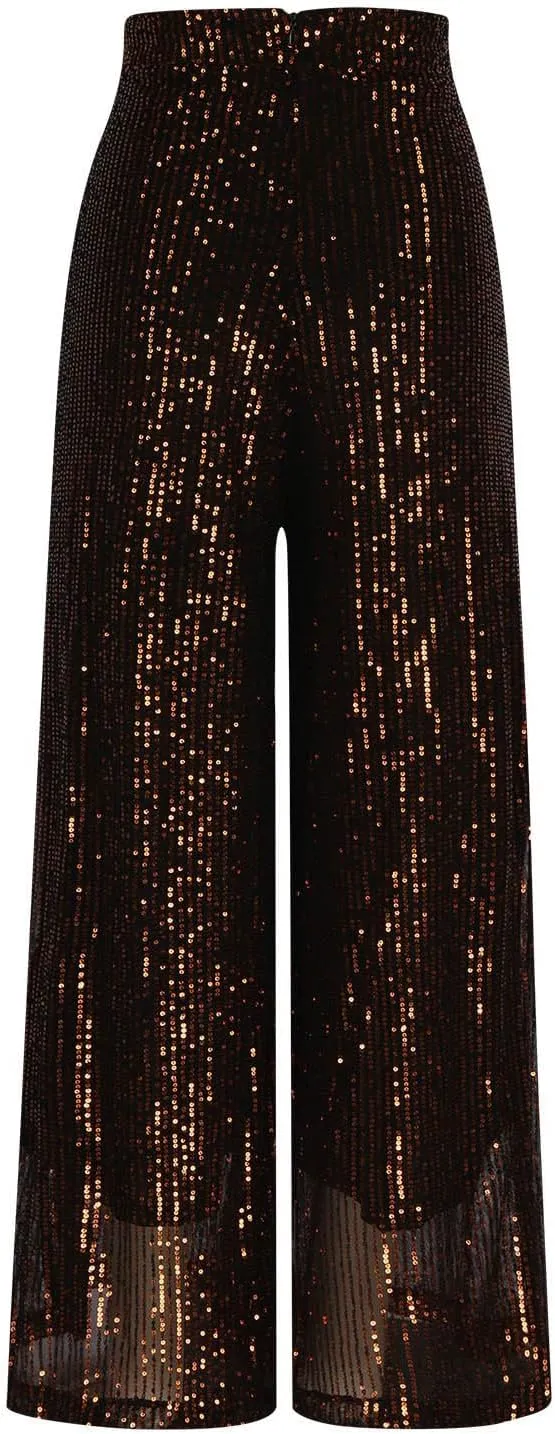 hlysgo Sequin Pants for Women Plus Size High Waist Palazzo Pants Sparkly Glitter Wide Leg Pants Bling Party Clubwear Trouser