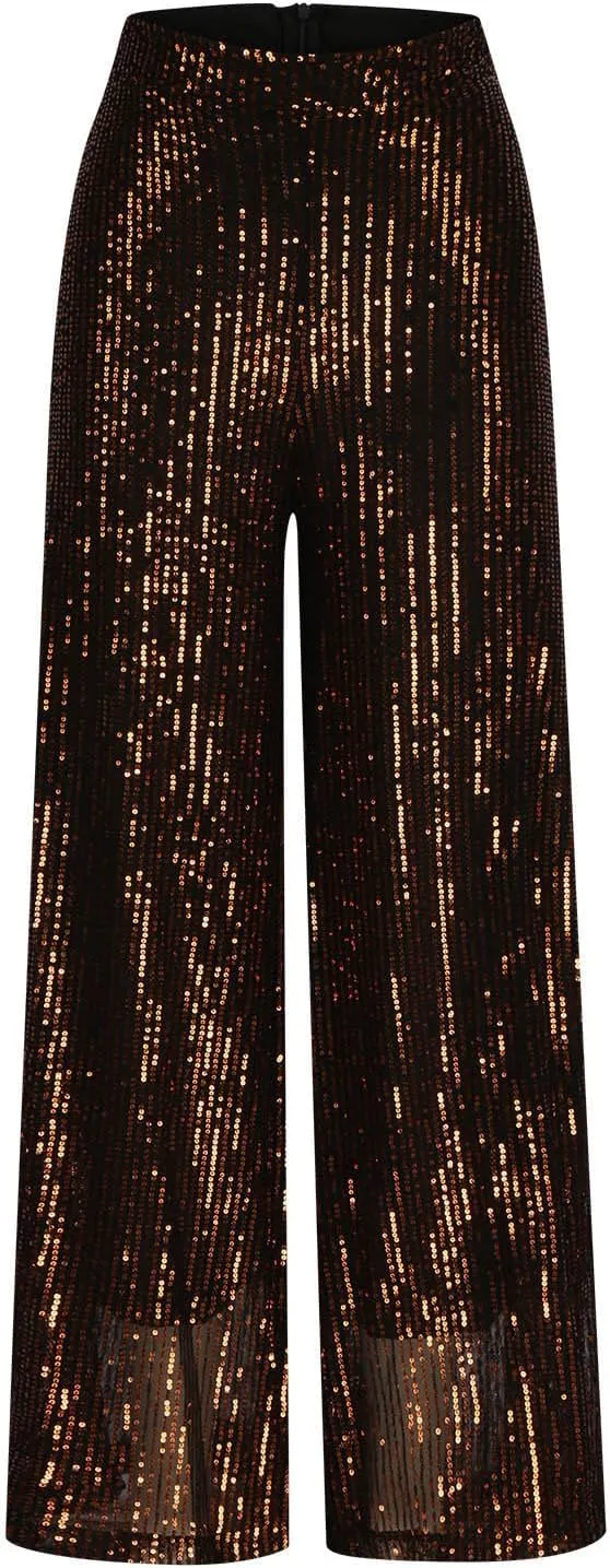 hlysgo Sequin Pants for Women Plus Size High Waist Palazzo Pants Sparkly Glitter Wide Leg Pants Bling Party Clubwear Trouser