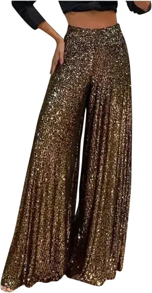 hlysgo Sequin Pants for Women Plus Size High Waist Palazzo Pants Sparkly Glitter Wide Leg Pants Bling Party Clubwear Trouser