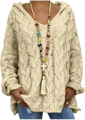 Hooded Sweater for Women Chunky Cable Knit Oversized Hoodies Long Sleeve V Neck Pullover Top Casual Loose Warm Jumper