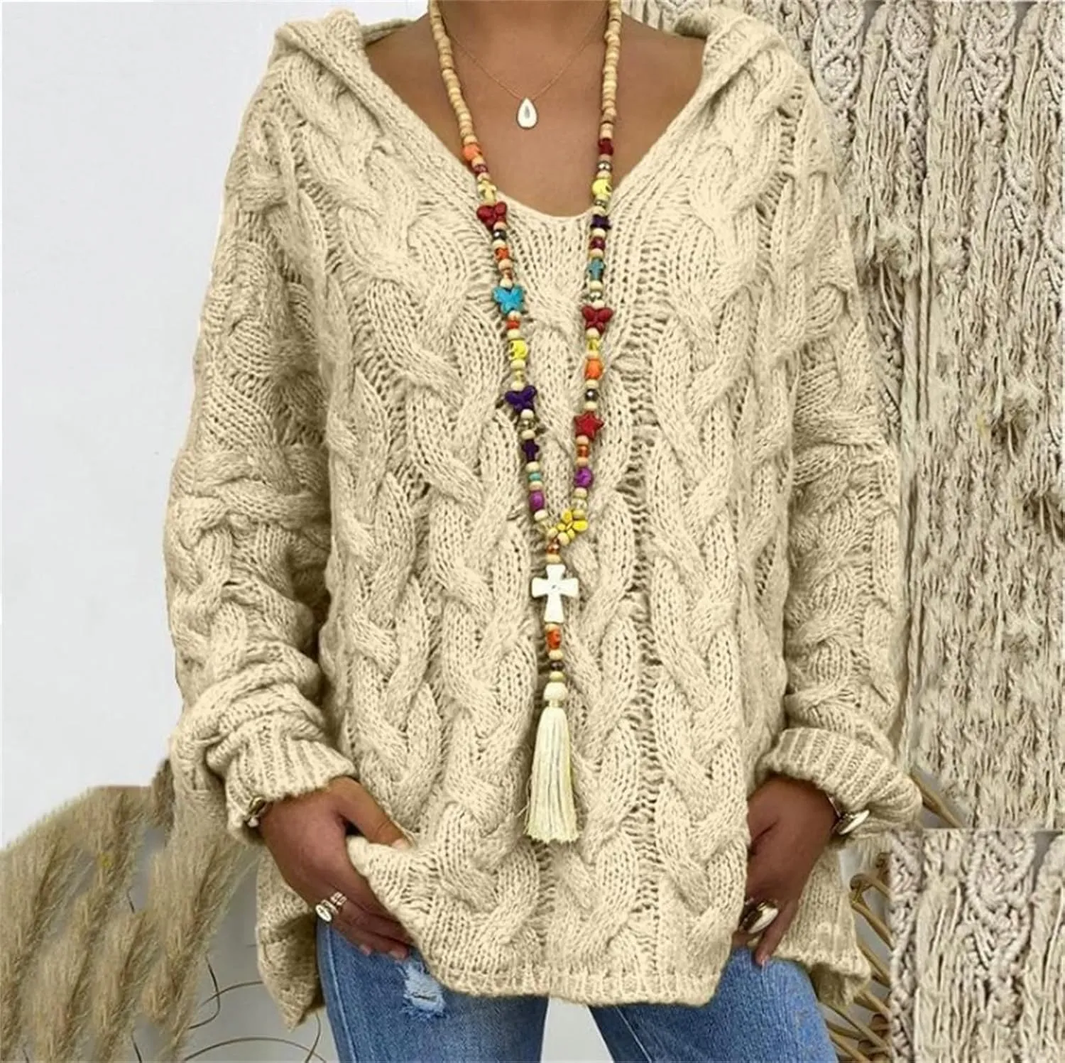 Hooded Sweater for Women Chunky Cable Knit Oversized Hoodies Long Sleeve V Neck Pullover Top Casual Loose Warm Jumper