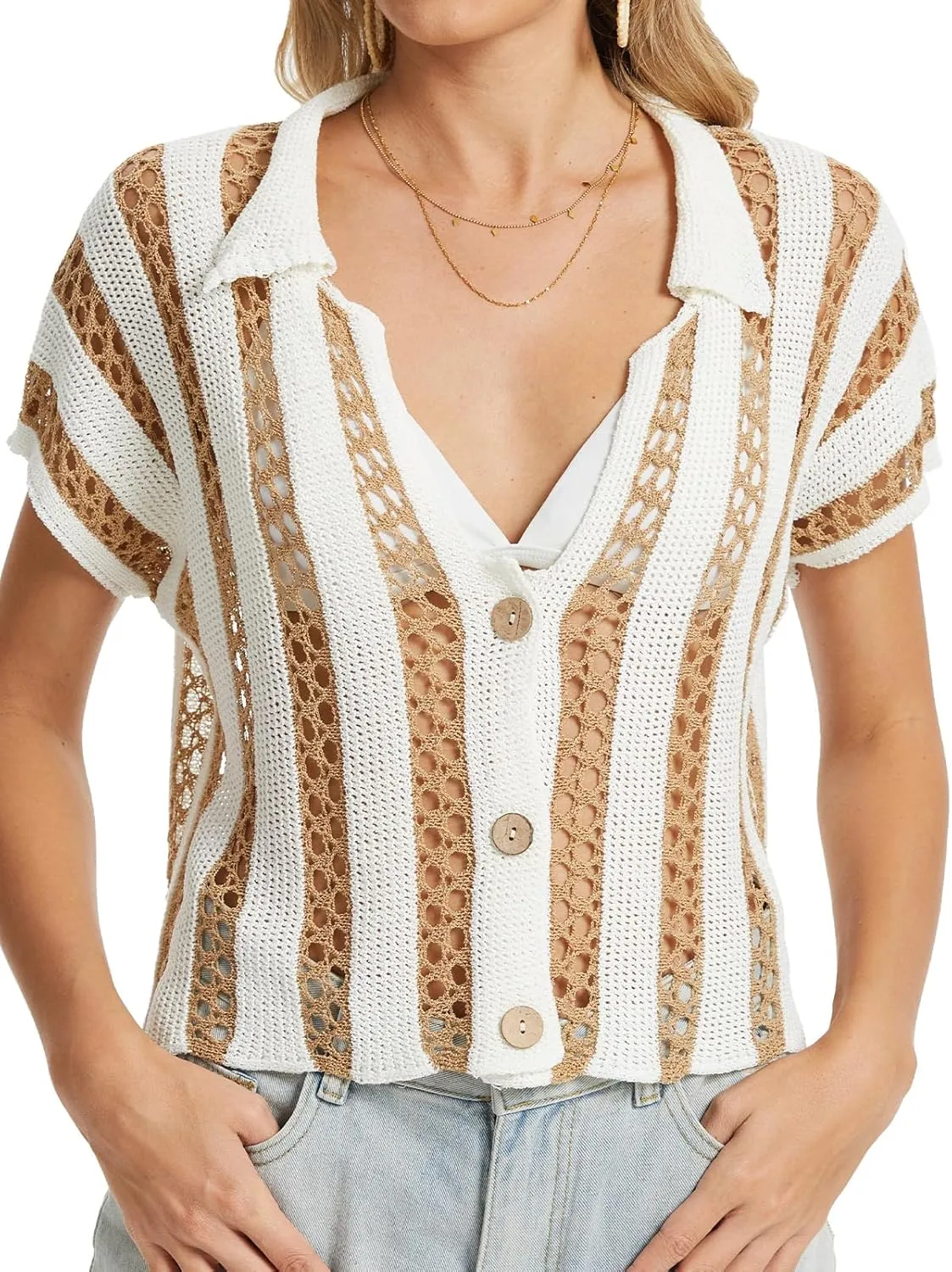 HOULENGS Women's Summer Striped Crochet Cardigan Casual Button Down Short Sleeve Sweater Y2K Hollow Out Knit Crop Tops