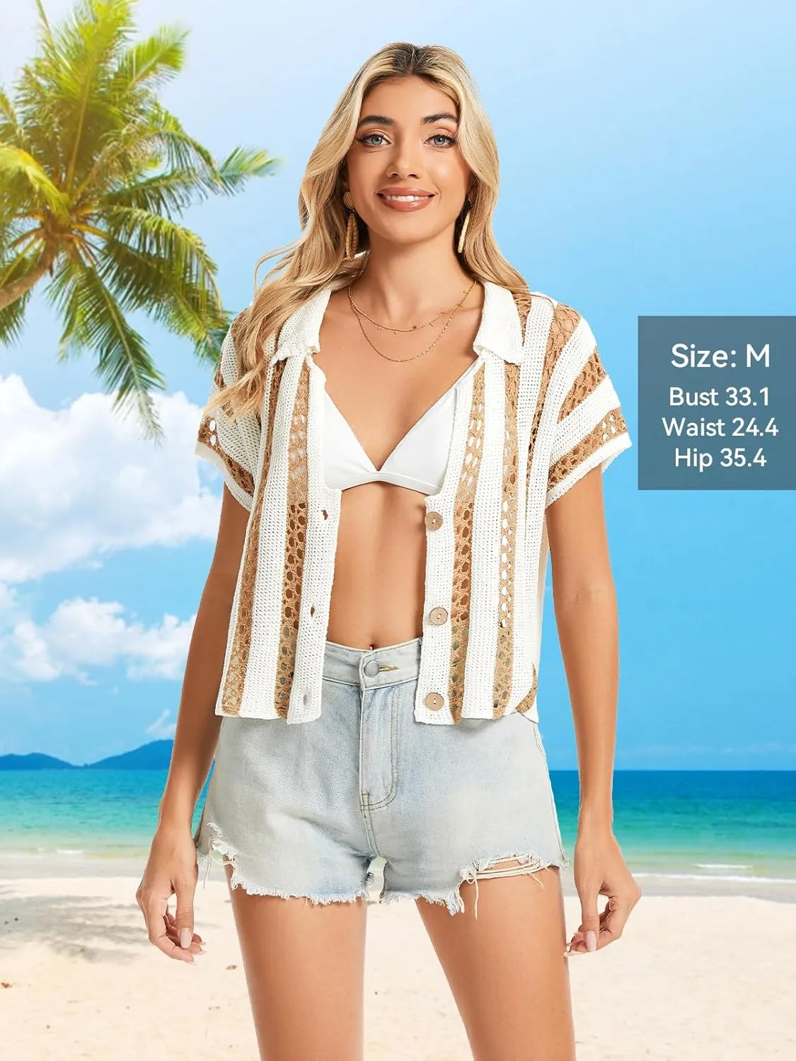 HOULENGS Women's Summer Striped Crochet Cardigan Casual Button Down Short Sleeve Sweater Y2K Hollow Out Knit Crop Tops