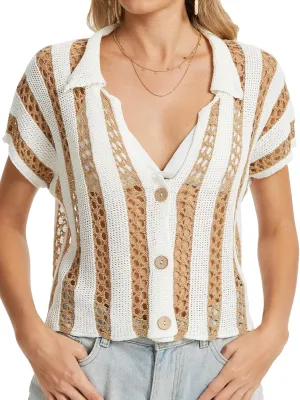 HOULENGS Women's Summer Striped Crochet Cardigan Casual Button Down Short Sleeve Sweater Y2K Hollow Out Knit Crop Tops