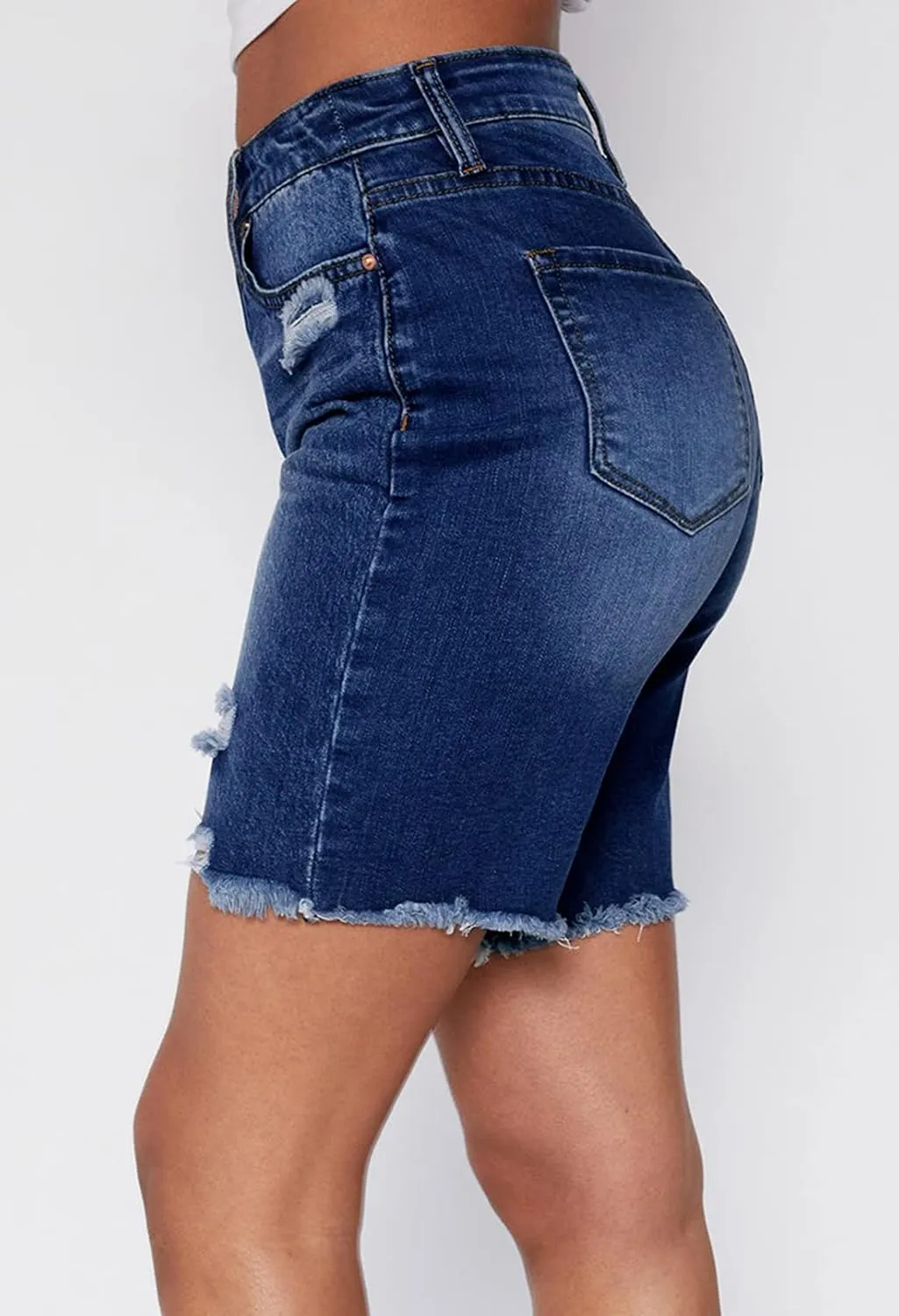 HUUSA Women's High Waist Ripped Denim Shorts Frayed Hem Destroyed Mid Thigh Short Jeans Casual Bermuda Shorts with Pocket