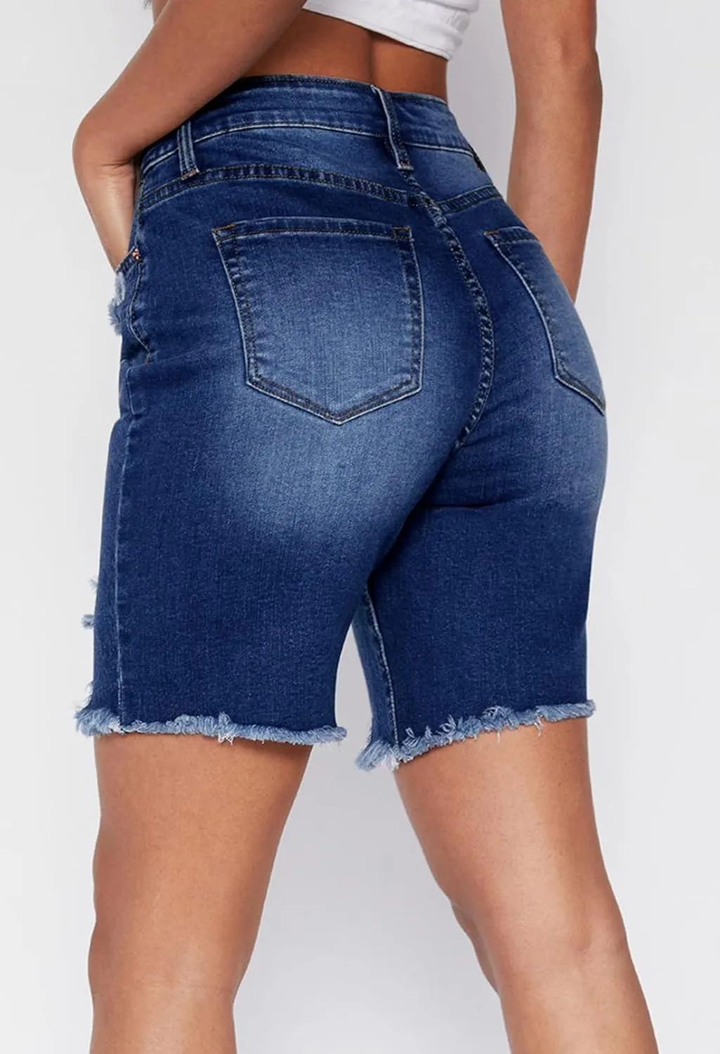 HUUSA Women's High Waist Ripped Denim Shorts Frayed Hem Destroyed Mid Thigh Short Jeans Casual Bermuda Shorts with Pocket