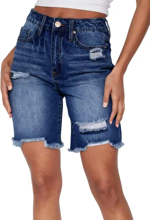 HUUSA Women's High Waist Ripped Denim Shorts Frayed Hem Destroyed Mid Thigh Short Jeans Casual Bermuda Shorts with Pocket