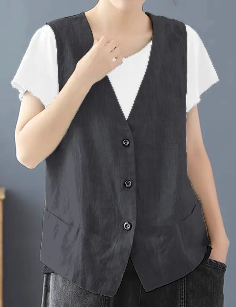 IDEALSANXUN Womens Cotton Linen Vest Casual Sleeveless Blazer Cardigans Lightweight Jacket Waistcoat
