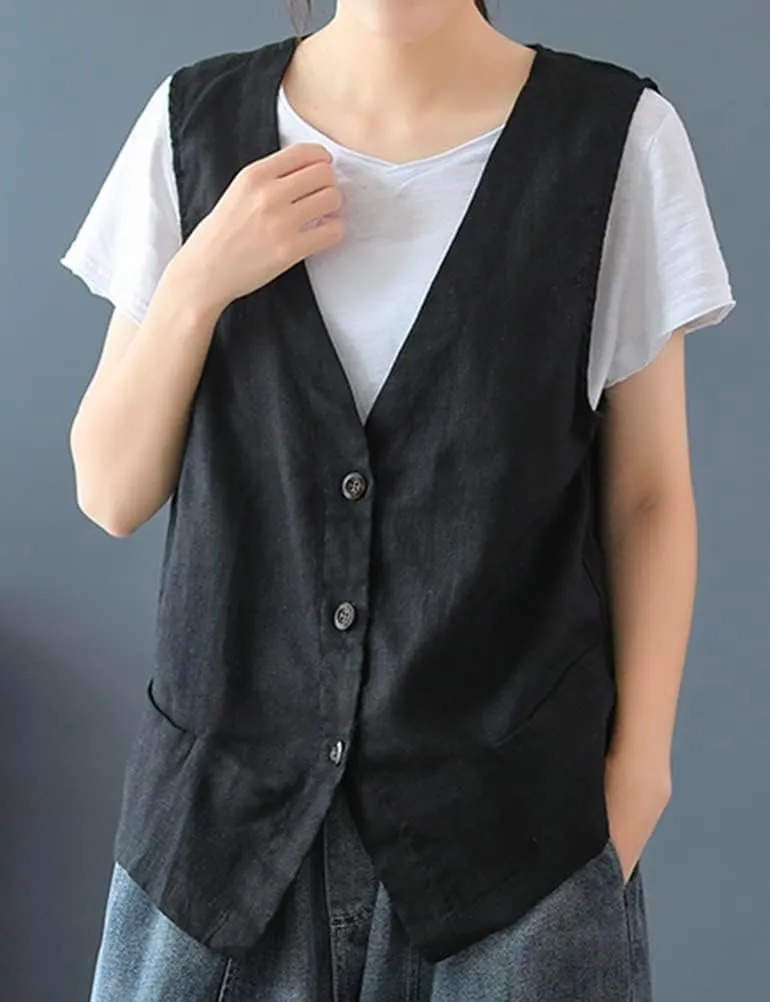 IDEALSANXUN Womens Cotton Linen Vest Casual Sleeveless Blazer Cardigans Lightweight Jacket Waistcoat