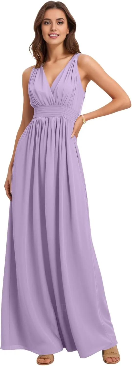 IIF V-Neck Chiffon Long Bridesmaid Dress with Pocket Ruched A Line Formal Dresses Evening Gowns IIF156