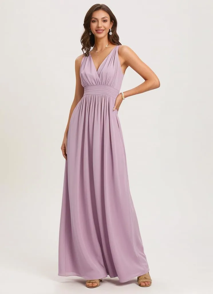 IIF V-Neck Chiffon Long Bridesmaid Dress with Pocket Ruched A Line Formal Dresses Evening Gowns IIF156