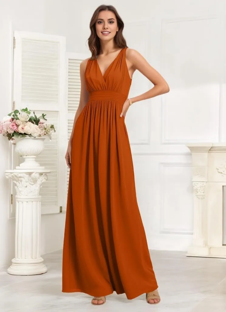 IIF V-Neck Chiffon Long Bridesmaid Dress with Pocket Ruched A Line Formal Dresses Evening Gowns IIF156