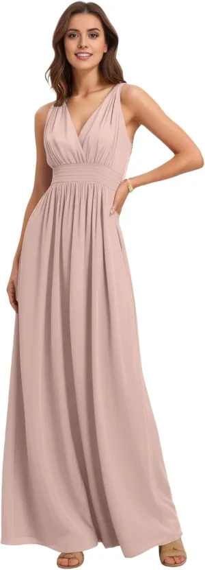 IIF V-Neck Chiffon Long Bridesmaid Dress with Pocket Ruched A Line Formal Dresses Evening Gowns IIF156