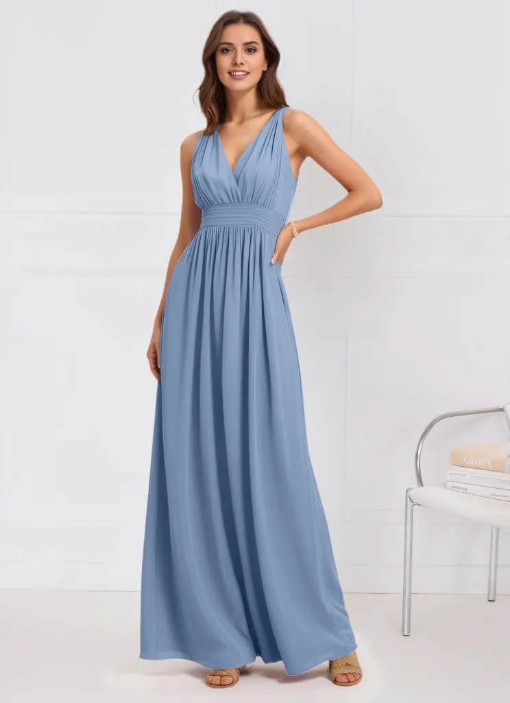IIF V-Neck Chiffon Long Bridesmaid Dress with Pocket Ruched A Line Formal Dresses Evening Gowns IIF156