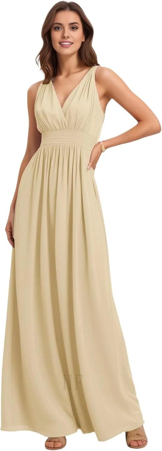 IIF V-Neck Chiffon Long Bridesmaid Dress with Pocket Ruched A Line Formal Dresses Evening Gowns IIF156
