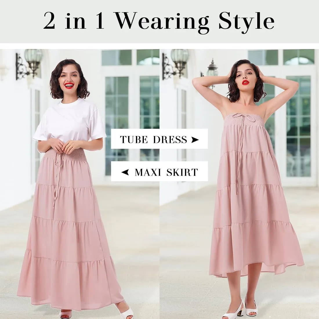 IWEMEK Women Boho Elastic Waist A Line Ruffle Beach Convertible Maxi Skirt Dress Tired Pleated Drawstring Chiffon Long Skirts