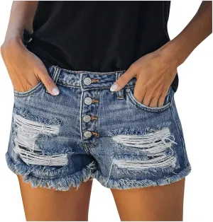 Jeans Shorts For Women Trendy Mid Rise Ripped Denim Shorts Summer Stretch Distressed Frayed Raw Hem Hot Short Jeans