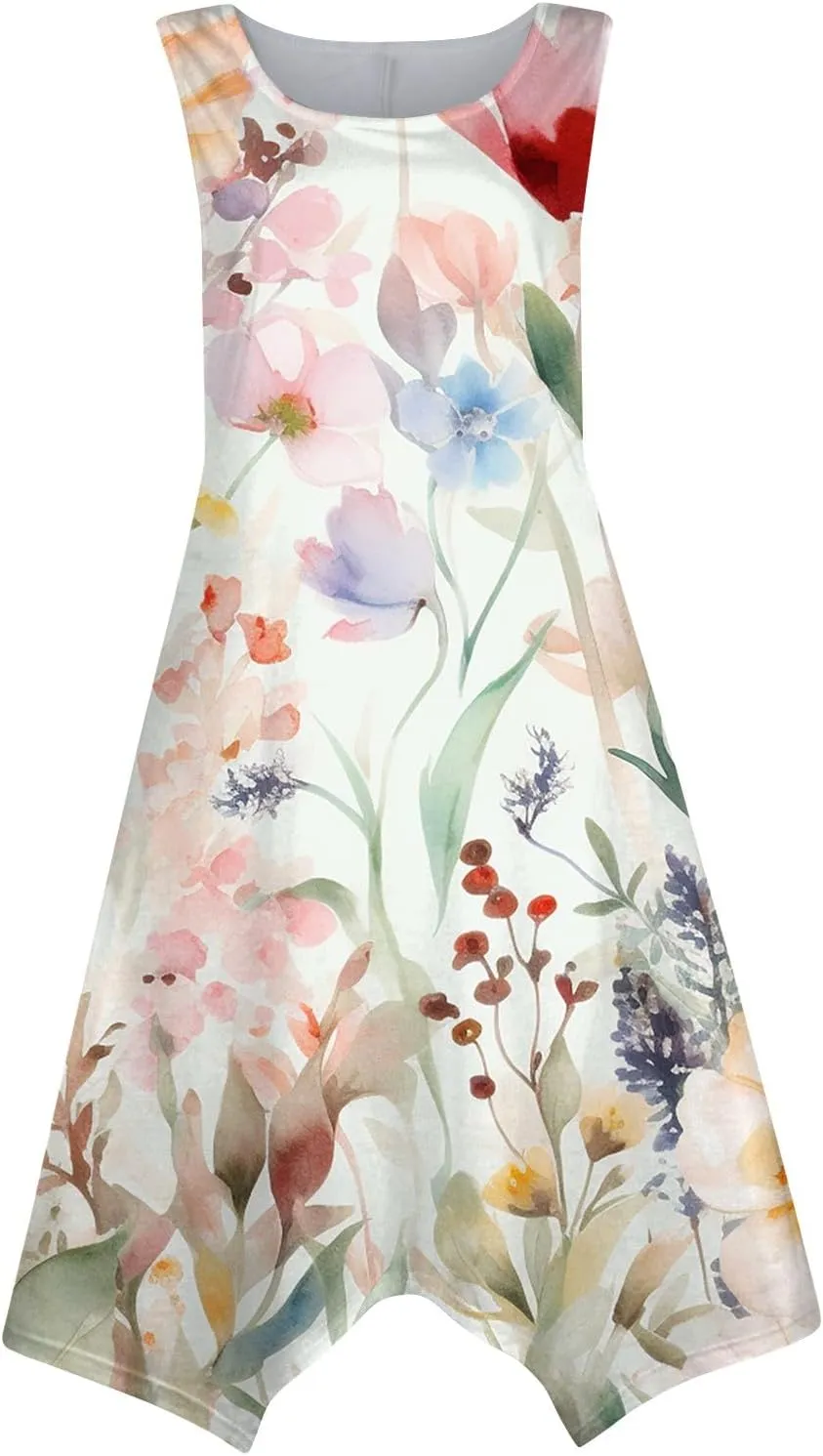 JJHAEVDY Summer Dresses for Women 2025 Round Neck Sleeveless Casual Dress Print Irregular Hem Midi Dresses Tank Daily Dresses