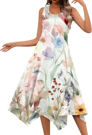JJHAEVDY Summer Dresses for Women 2025 Round Neck Sleeveless Casual Dress Print Irregular Hem Midi Dresses Tank Daily Dresses