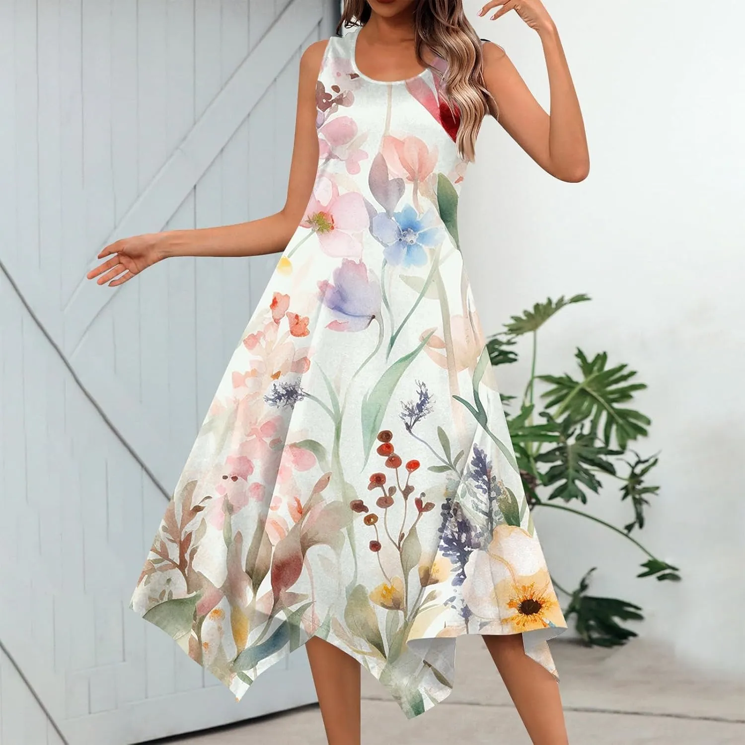 JJHAEVDY Summer Dresses for Women 2025 Round Neck Sleeveless Casual Dress Print Irregular Hem Midi Dresses Tank Daily Dresses