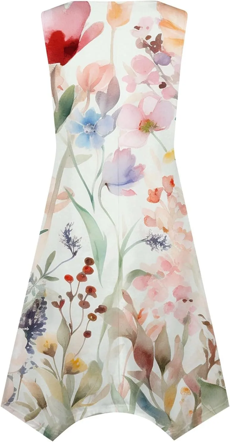 JJHAEVDY Summer Dresses for Women 2025 Round Neck Sleeveless Casual Dress Print Irregular Hem Midi Dresses Tank Daily Dresses