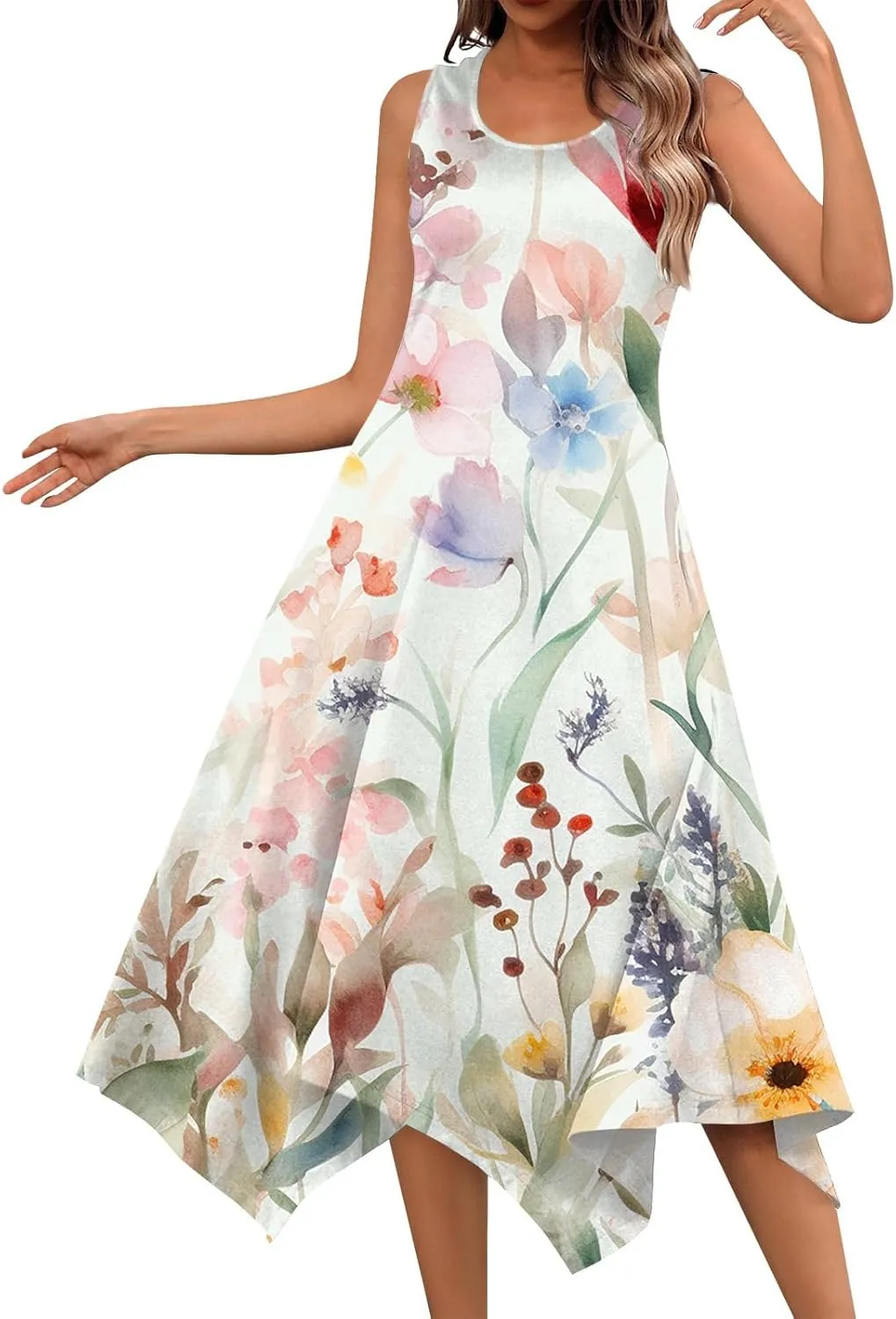 JJHAEVDY Summer Dresses for Women 2025 Round Neck Sleeveless Casual Dress Print Irregular Hem Midi Dresses Tank Daily Dresses