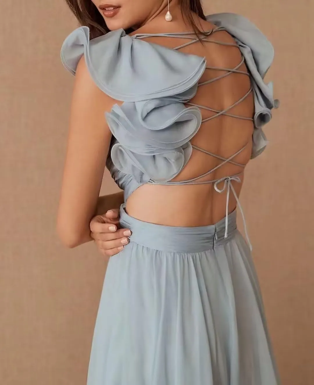 JNXIANGW Chiffon Ruffle Prom Dresses for Women V-Neck Bridesmaid Dresses Backless Long Formal Evening Gowns