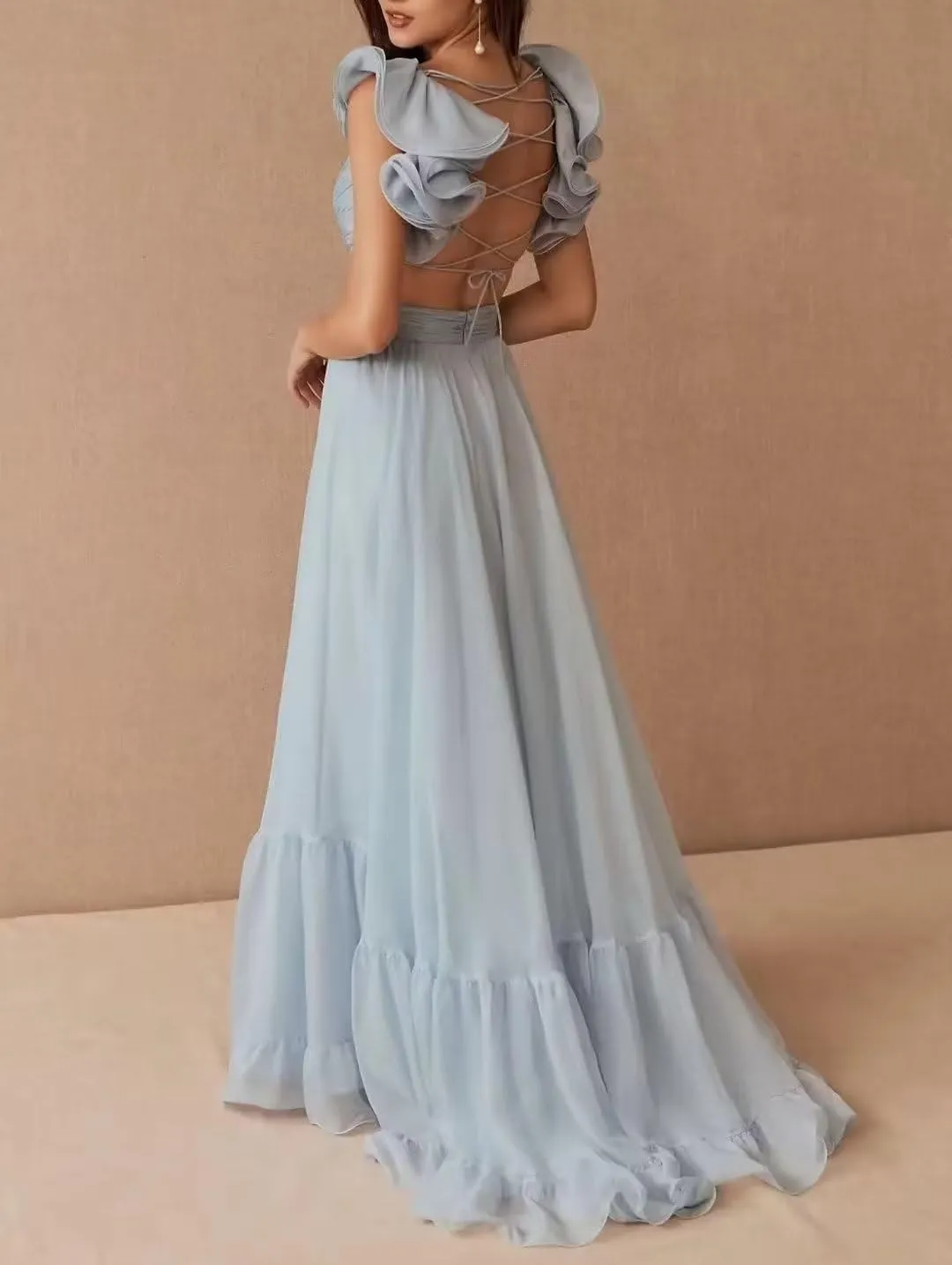 JNXIANGW Chiffon Ruffle Prom Dresses for Women V-Neck Bridesmaid Dresses Backless Long Formal Evening Gowns