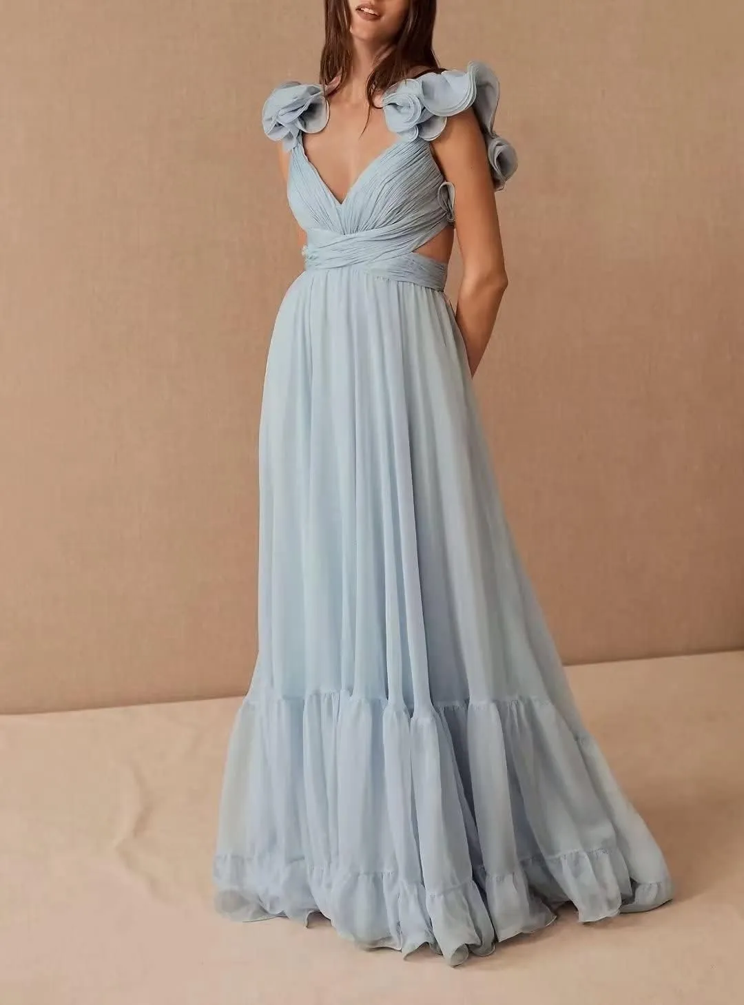 JNXIANGW Chiffon Ruffle Prom Dresses for Women V-Neck Bridesmaid Dresses Backless Long Formal Evening Gowns