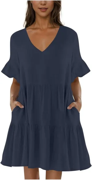 JOAU Dresses for Women Summer 2025 V Neck Short Ruffle Sleeve A Line Tiered Flowy Casual Trendy Mini Beach Dress with Pockets