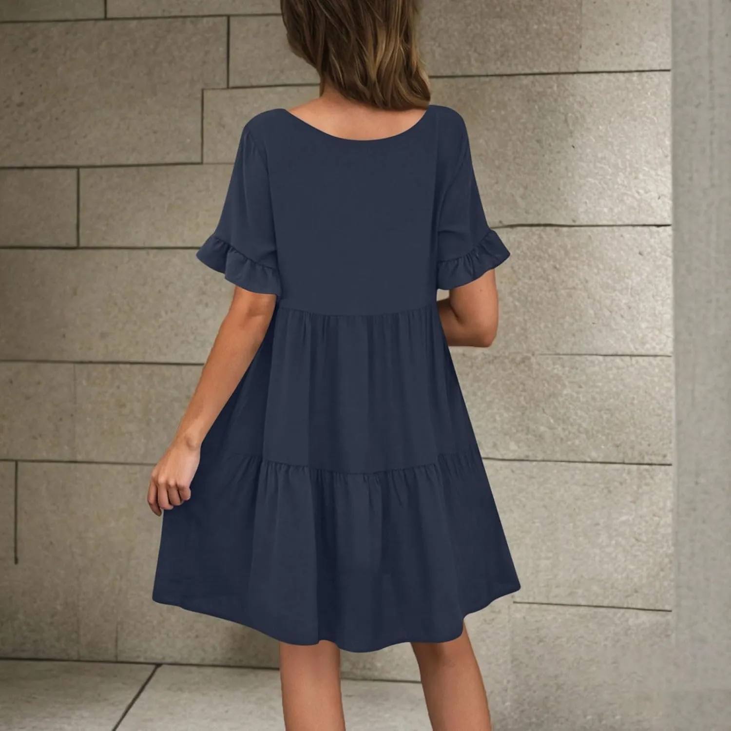 JOAU Dresses for Women Summer 2025 V Neck Short Ruffle Sleeve A Line Tiered Flowy Casual Trendy Mini Beach Dress with Pockets