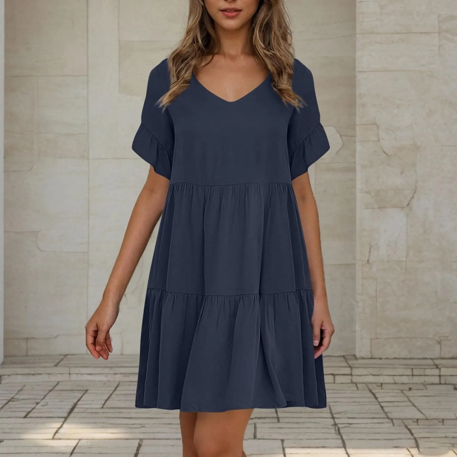 JOAU Dresses for Women Summer 2025 V Neck Short Ruffle Sleeve A Line Tiered Flowy Casual Trendy Mini Beach Dress with Pockets