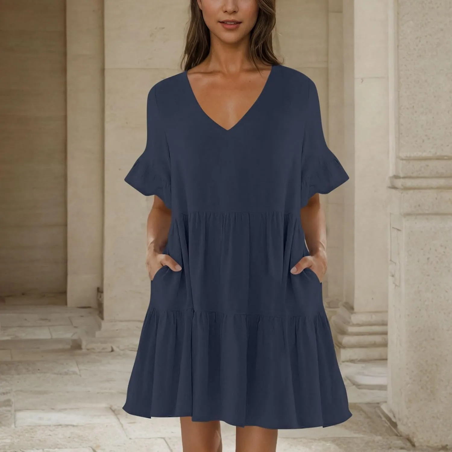 JOAU Dresses for Women Summer 2025 V Neck Short Ruffle Sleeve A Line Tiered Flowy Casual Trendy Mini Beach Dress with Pockets
