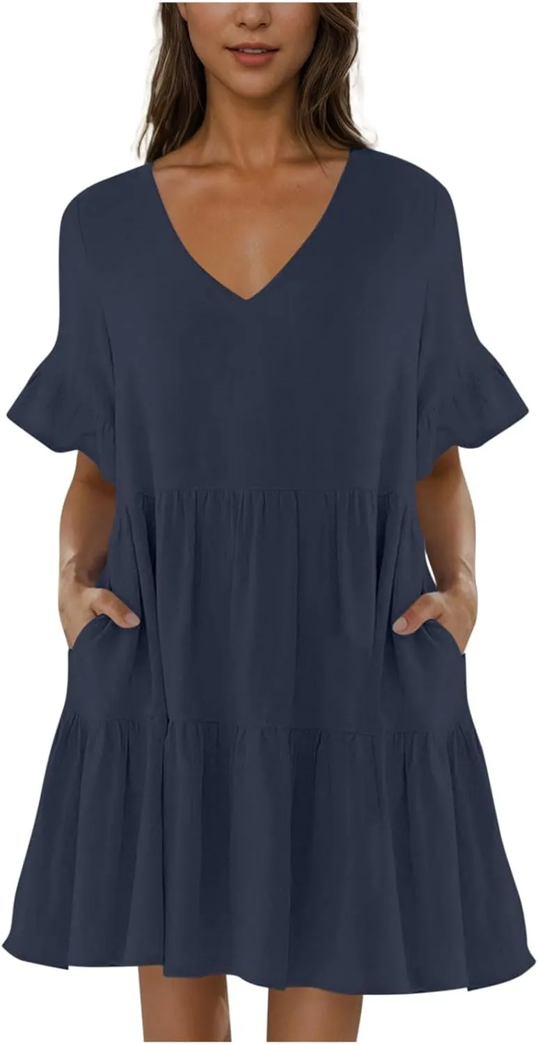 JOAU Dresses for Women Summer 2025 V Neck Short Ruffle Sleeve A Line Tiered Flowy Casual Trendy Mini Beach Dress with Pockets