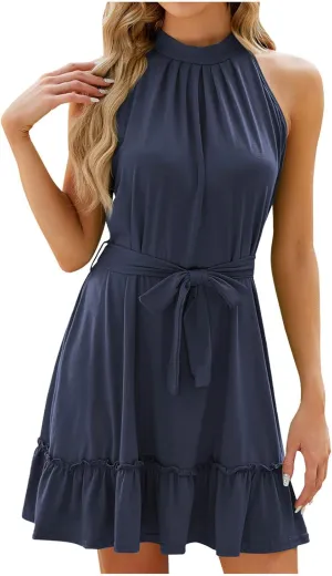 JOAU Women Halter Neck Summer Dresses Sleeveless Sundress Belt Pleated A-Line Ruffle Tie Keyhole Back Party Beach Mini Dress