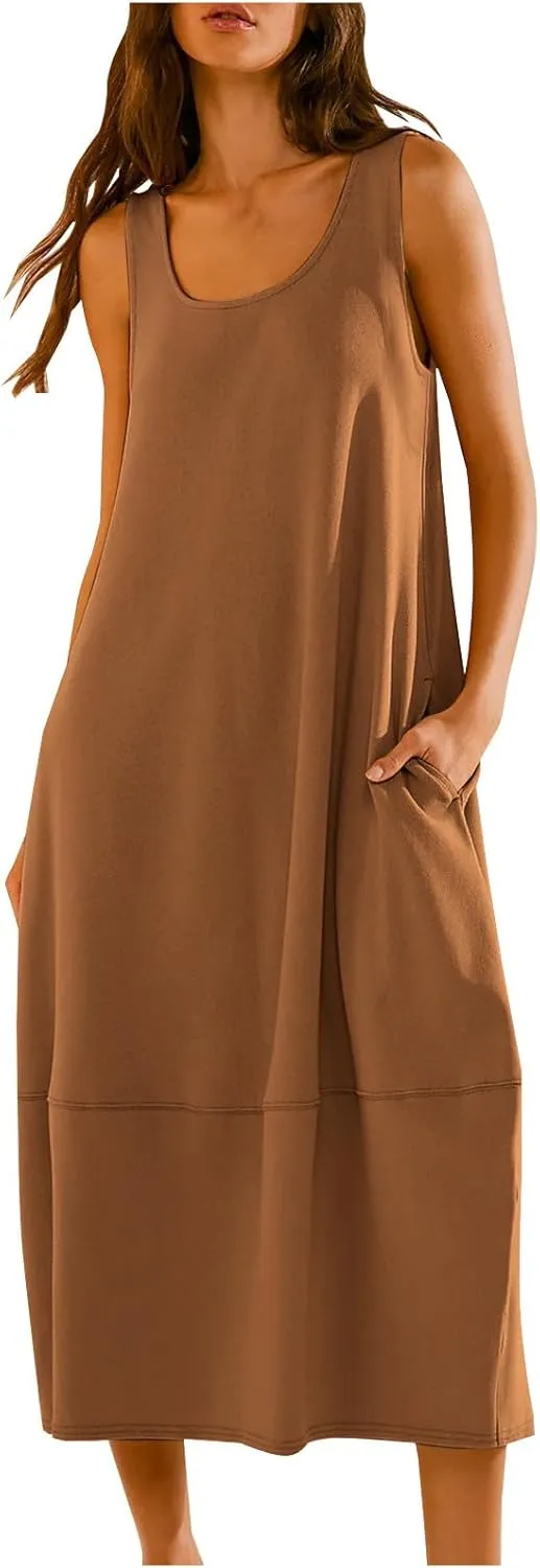 JOAU Women's Casual Sleeveless Backless Maxi Dress 2025 Summer Tank Dresses Scoop Neck Loose Beach Sundress with Pockets