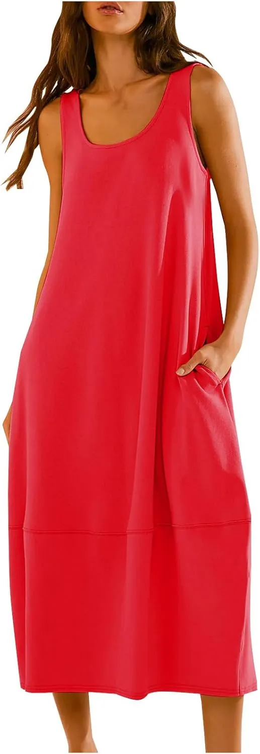 JOAU Women's Casual Sleeveless Backless Maxi Dress 2025 Summer Tank Dresses Scoop Neck Loose Beach Sundress with Pockets