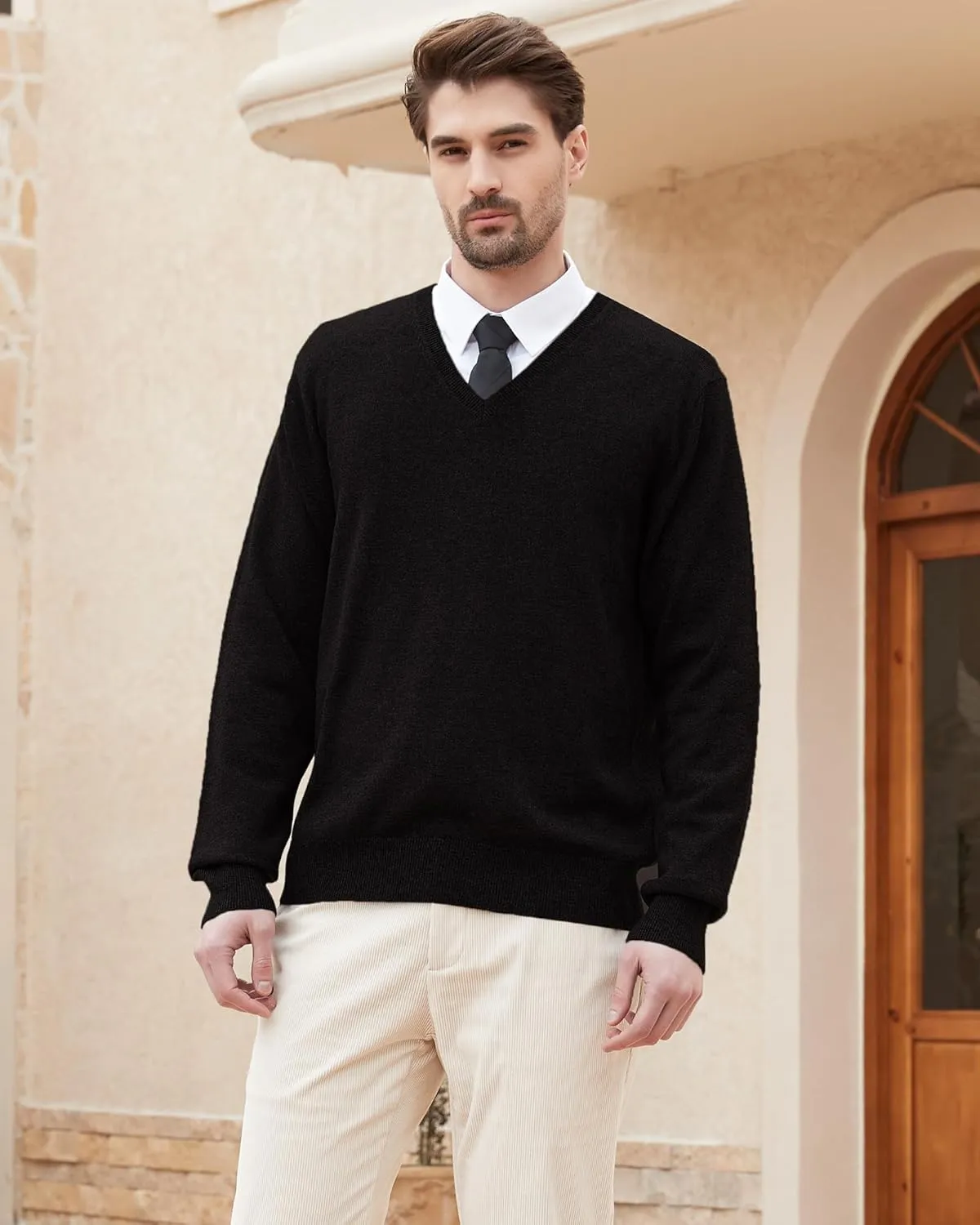 Kallspin Men's Wool Blend V-Neck Sweater Relax Fit Knit Pullover for Fall Winter