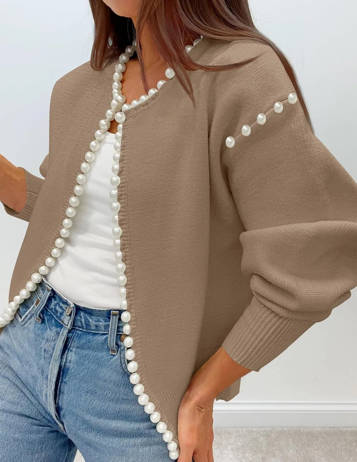 Kedera Women's Open Front Pearls Trim Cardigan Sweater Casual Knitted Long Sleeve Valentine's Day Outerwear Coat