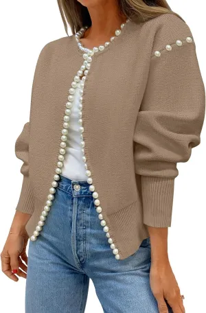 Kedera Women's Open Front Pearls Trim Cardigan Sweater Casual Knitted Long Sleeve Valentine's Day Outerwear Coat